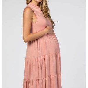 Pink Split Neck Tiered Maternity Midi Dress, small
